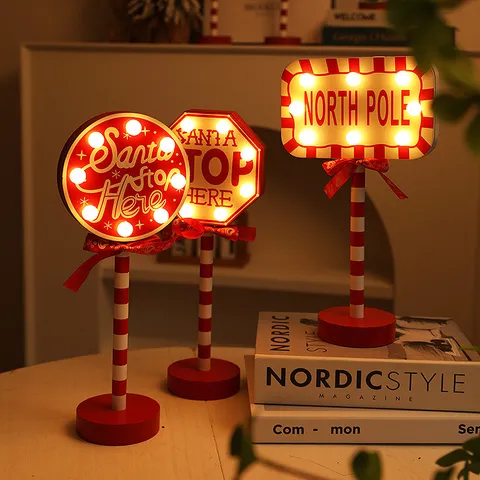 Houten Kerst Verkeersbord LED Decoratief Licht Santa Stop Here Noordpool Festieve Desktop Sfeer Nachtlamp Voor Raam