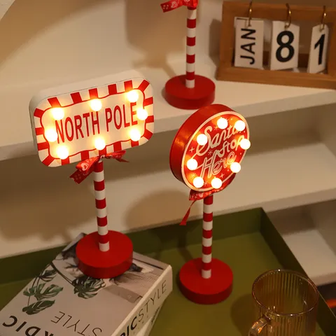 Houten Kerst Verkeersbord LED Decoratief Licht Santa Stop Here Noordpool Festieve Desktop Sfeer Nachtlamp Voor Raam