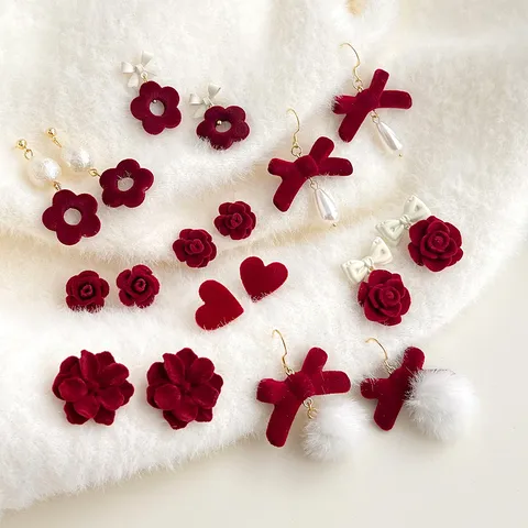 Französische Vintage Beflockte Blumen Ohrhänger Für Damen Elegante Rote Herz Schleifen Ohrringe Süße Samt Kamelien Rosen Künstliche Perlen Ohrschmuck Geschenk