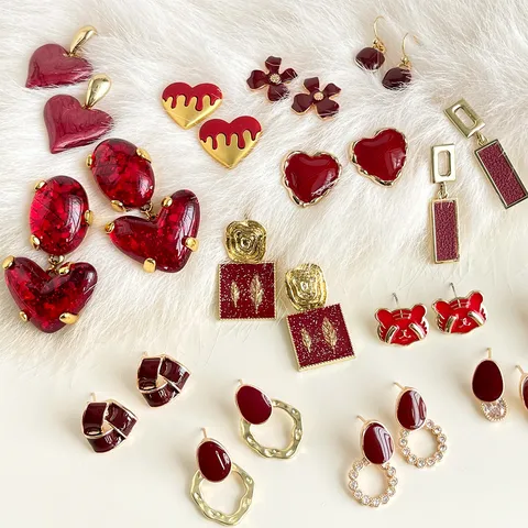 Französische Vintage Kupfer Emaille Geometrische Ohrringe Luxus Rote Strass Ohrstecker Für Damen Künstlerischer Palast Stil Schmuck Geschenk