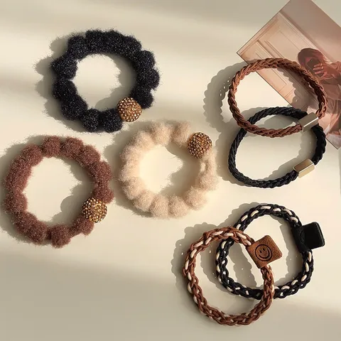 Women Meillard Style Hair Ties Set Coffee Milk Tea Color Hair Scrunchies Rhinestone Pom-pom Elastic Hair Bands Vintage Woven Hair Accessories