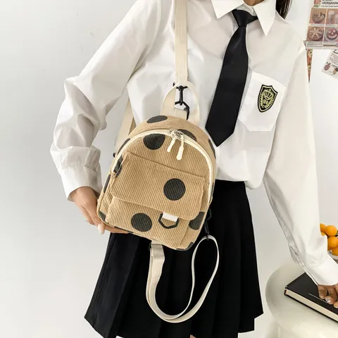 Mini Corduroy Backpack Polka Dot Casual Daypack Cute Small School Bag Lightweight Travel Rucksack For Women Girls