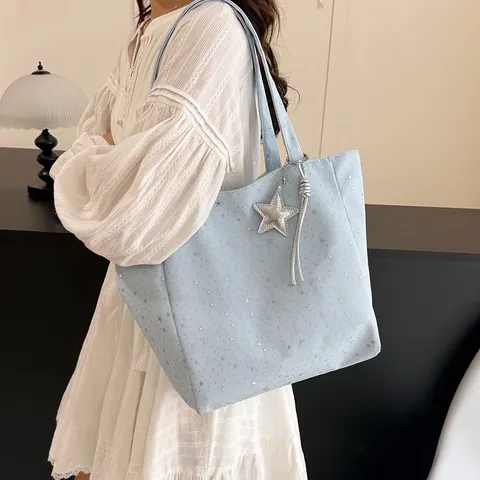 Women Large Capacity Canvas Tote Bag Star Print Casual Shoulder Bag Fashion Handbag Daily Commuting Bag