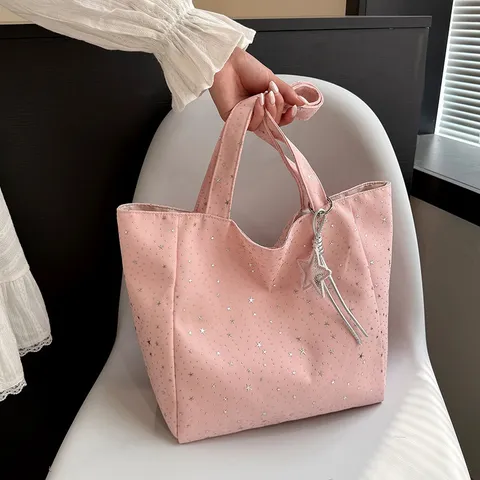 Women Large Capacity Canvas Tote Bag Star Print Casual Shoulder Bag Fashion Handbag Daily Commuting Bag