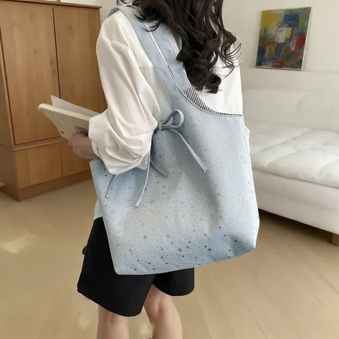 Women Canvas Tote Bag Casual Star Print Shoulder Bag Large Capacity Commuter Handbag With Bow And Star Pendant