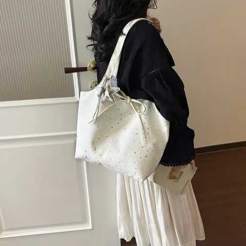 Women Canvas Tote Bag Casual Star Print Shoulder Bag Large Capacity Commuter Handbag With Bow And Star Pendant