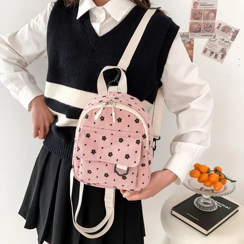 Mini Corduroy Backpack Casual Floral Print Small Daypack Cute Travel Bookbag Lightweight Waterproof Daypack For Women