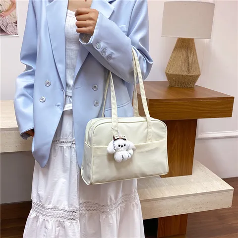 Women Casual Large Capacity Nylon Shoulder Bag Commuting Travel Handbag With Cute Plush Pendant Solid Color Tote Bag