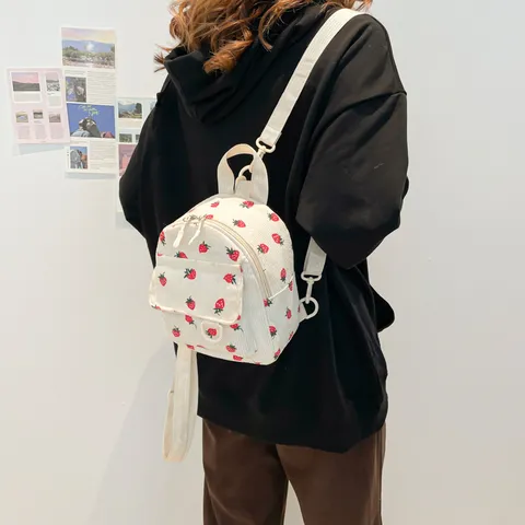 Women Corduroy Strawberry Print Casual Backpack College Style Small Travel Daypack