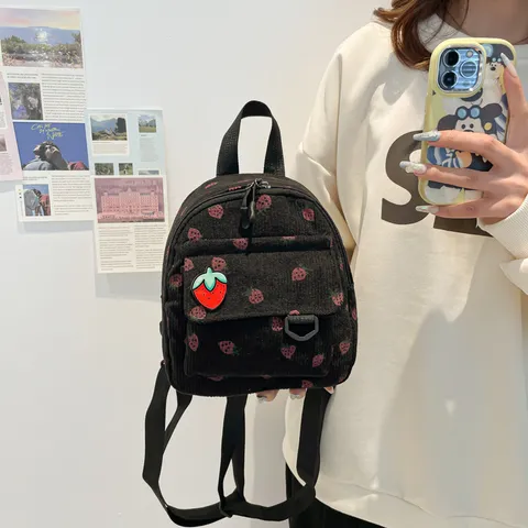 Women Corduroy Strawberry Print Casual Backpack College Style Small Travel Daypack