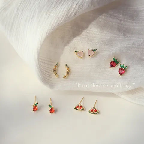 Mini Frucht Bunte Strass Ohrstecker 14K Vergoldetes Kupfer Mikro Eingelegt Fruchtform Ohrringe Süßer Täglicher Schmuck für Damen