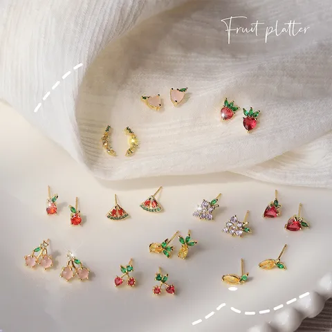 Mini Frucht Bunte Strass Ohrstecker 14K Vergoldetes Kupfer Mikro Eingelegt Fruchtform Ohrringe Süßer Täglicher Schmuck für Damen