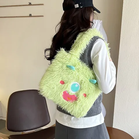 Women Cute Monster Plush Shoulder Bag Large Capacity Fluffy Tote Handbag Cartoon Casual Messenger Bag For Students