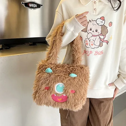 Women Cute Monster Plush Shoulder Bag Large Capacity Fluffy Tote Handbag Cartoon Casual Messenger Bag For Students