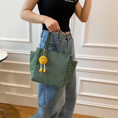 Ins Knit Tote Bag Casual Large Capacity Shoulder Bag Woven Bag With Plush Pendant For Women Daily Commuting