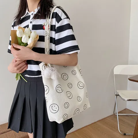Casual Corduroy Tote Bag For Women Large Capacity Smiley Face Print Shoulder Handbag With Plush Pendant Daily Bag
