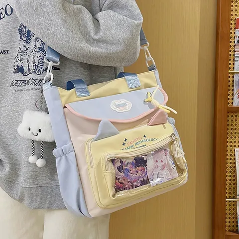 Ins Style Student Cute Itabag Large Capacity Nylon Backpack Transparent PVC Window School Bookbag With Cat Ear Design