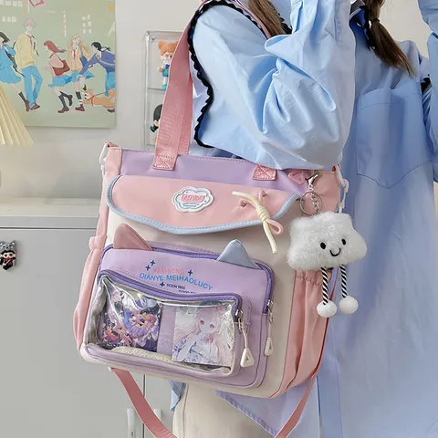 Ins Style Student Cute Itabag Large Capacity Nylon Backpack Transparent PVC Window School Bookbag With Cat Ear Design