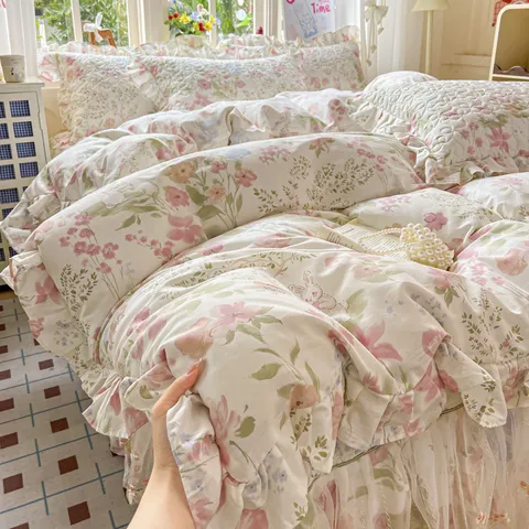 Pure Cotton Quilted Bed Skirt Four Piece Set Fresh Vintage Floral Lace Trim Duvet Cover Bedding Set For Bedroom