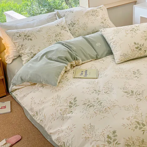 Parure de Lit 4 Pièces en Pur Coton Imprimé Floral Botanique Doux et Respirant Drap Housse Housse de Couette Taies d'Oreiller