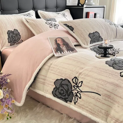 Winter Thickened Milk Velvet Bedding Set Warm Reactive Printing Jacquard Carved Duvet Cover Flat Sheet Pillowcases