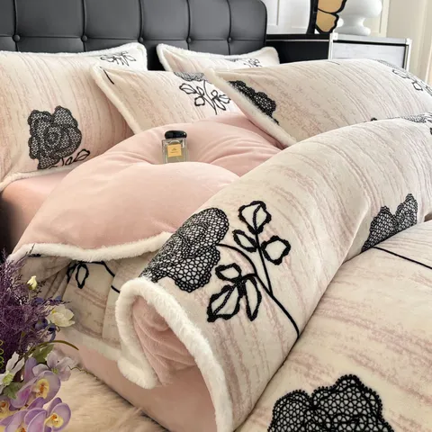 Winter Thickened Milk Velvet Bedding Set Warm Reactive Printing Jacquard Carved Duvet Cover Flat Sheet Pillowcases