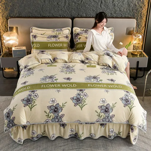 Thickened Golden Mink Milk Velvet Bedding Set Quilted Bed Skirt Winter Warm Quilt Cover Pillowcases Home Bedroom