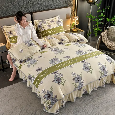 Thickened Golden Mink Milk Velvet Bedding Set Quilted Bed Skirt Winter Warm Quilt Cover Pillowcases Home Bedroom