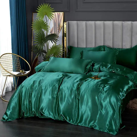 Ice Silk Bedding Set Solid Color Duvet Cover Fitted Sheet Bed Sheet Pillowcases Luxurious Silky Soft Bedroom Bed Linens