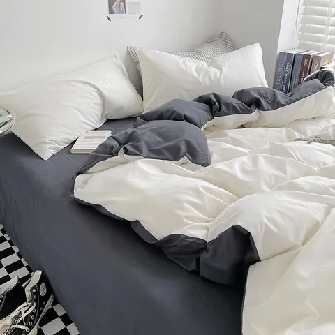 Solid Color Washed Cotton Bedding Set Modern Minimalist Two-Tone Duvet Cover Bed Sheet Pillowcases Home Bedroom