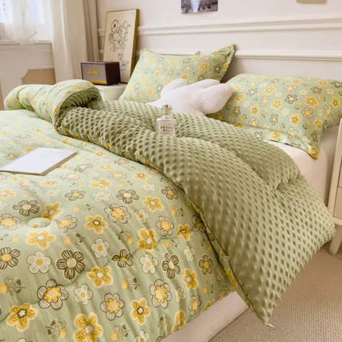 Winter Thickened Washed Cotton Double Layered Gauze Velvet Quilt Warm Comforter Floral Print Bedding Quilt For Home Bedroom