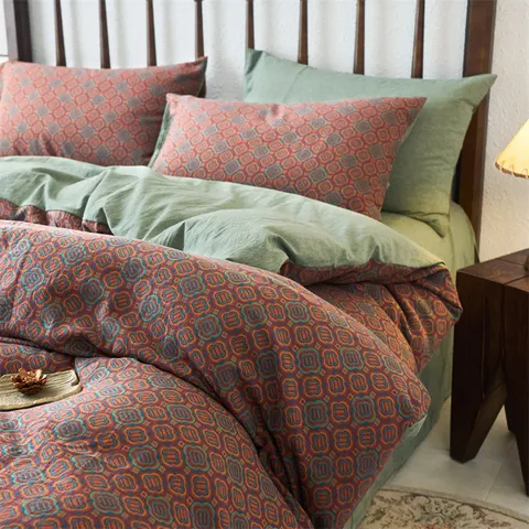 Baumwolle Doppelschicht Garn Jacquard Bettwäsche Set Blumenmuster Bettbezug Bettlaken Weich Atmungsaktiv Heimtextil