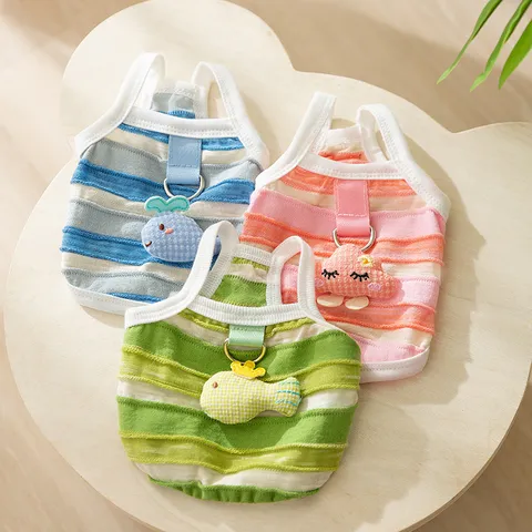 Zomer Dunne Ademende Huisdier Hond Kleding Leuke Gestreepte Kleine Vis 3D Hanger Hanger Tanktop Puppy Kat Kleding