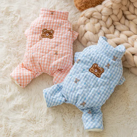 Cute Checkerboard Bear Print Pet Cotton Coat Winter Warm Four-Legged Clothes For Dogs And Cats Puppy Apparel