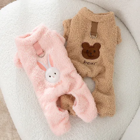 Cute Cartoon Bear Pattern Pet Four Legged Clothes Thickened Warm Fleece Puppy Cat Apparel With D Ring Winter Pet Supplies