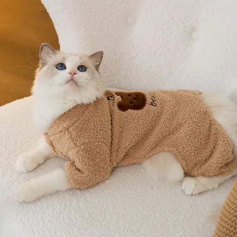 Cute Cartoon Bear Pattern Pet Four Legged Clothes Thickened Warm Fleece Puppy Cat Apparel With D Ring Winter Pet Supplies
