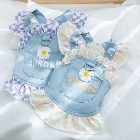 Pet Dog Princess Dress Spring Summer Denim Lace Flying Sleeve Daisy Floral Puppy Skirt With D Ring For Small Dogs Cats Apparel
