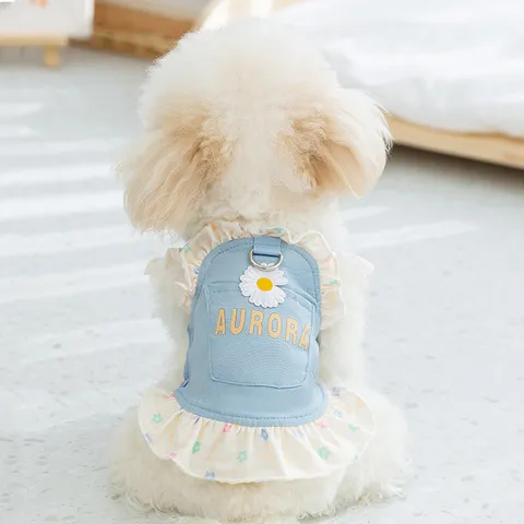 Pet Dog Princess Dress Spring Summer Denim Lace Flying Sleeve Daisy Floral Puppy Skirt With D Ring For Small Dogs Cats Apparel