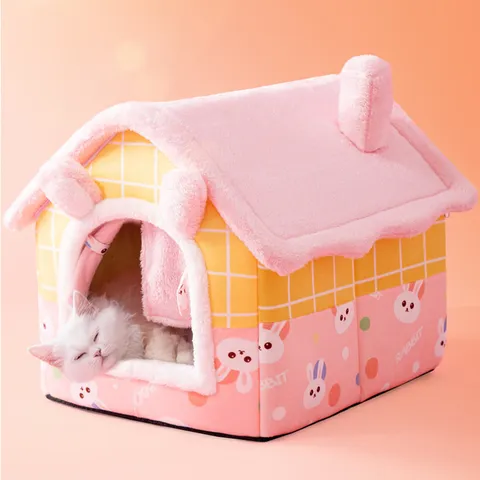 Warm Pet Cave Bed Enclosed Cat House Washable Soft Fleece Puppy Dog Villa Cute Cartoon Animal Design Winter Sleeping Nest