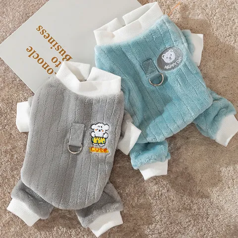 Süßer Cartoon Bär Haustier Jumpsuit Herbst Winter Warmer Flanell Hundebekleidung Mit Leinen D-Ring Gestreifter Welpe Katze Schlafanzug