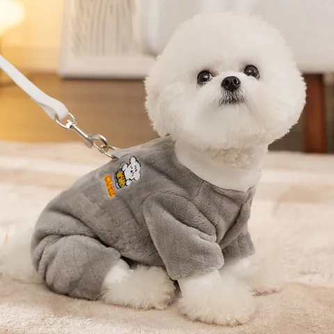 Süßer Cartoon Bär Haustier Jumpsuit Herbst Winter Warmer Flanell Hundebekleidung Mit Leinen D-Ring Gestreifter Welpe Katze Schlafanzug