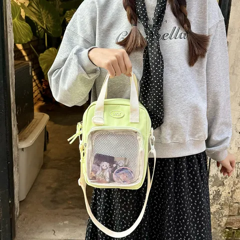 Transparent Crossbody Bag Cute Ita Bag Casual Canvas Single Shoulder Handbag With Clear Front Pocket Student Daily Purse