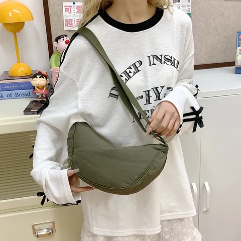Women Nylon Crescent Shoulder Bag Casual Solid Color Dumpling Bag Vintage Versatile Underarm Crossbody Bag Daily Purse