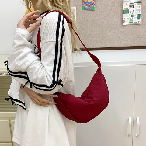 Women Nylon Crescent Shoulder Bag Casual Solid Color Dumpling Bag Vintage Versatile Underarm Crossbody Bag Daily Purse