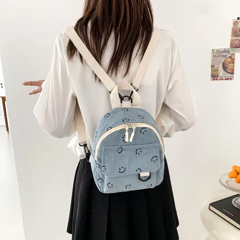 Γυναικείο Casual Korduroy Mini Sakidio Platis Haritomeno Smiley Face Print Mikro Daypack Sholiki Tsanta Taksidiou gia Koritsia