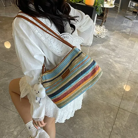 Borsa a Tracolla in Paglia Tessuta da Donna Borsa a Secchiello a Strisce Color Block Borsa Tote per Viaggi Quotidiani Casuali