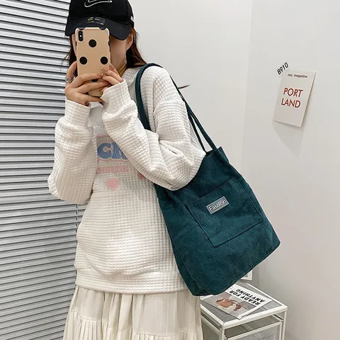 Korean Style Corduroy Tote Bag Minimalist Vintage Casual Shoulder Crossbody Bag Student Letter Handbag With Bear Pendant