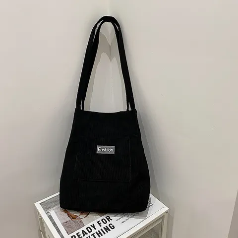 Korean Style Corduroy Tote Bag Minimalist Vintage Casual Shoulder Crossbody Bag Student Letter Handbag With Bear Pendant