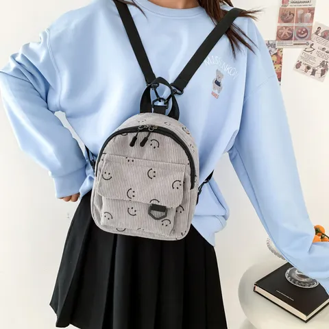 Γυναικείο Casual Korduroy Mini Sakidio Platis Haritomeno Smiley Face Print Mikro Daypack Sholiki Tsanta Taksidiou gia Koritsia