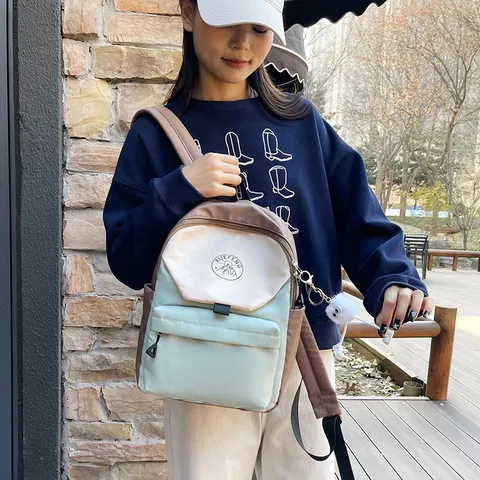 Casual Nylon Backpack College School Bookbag Color Block Travel Daypack With Cute Plush Pendant For Women Girls